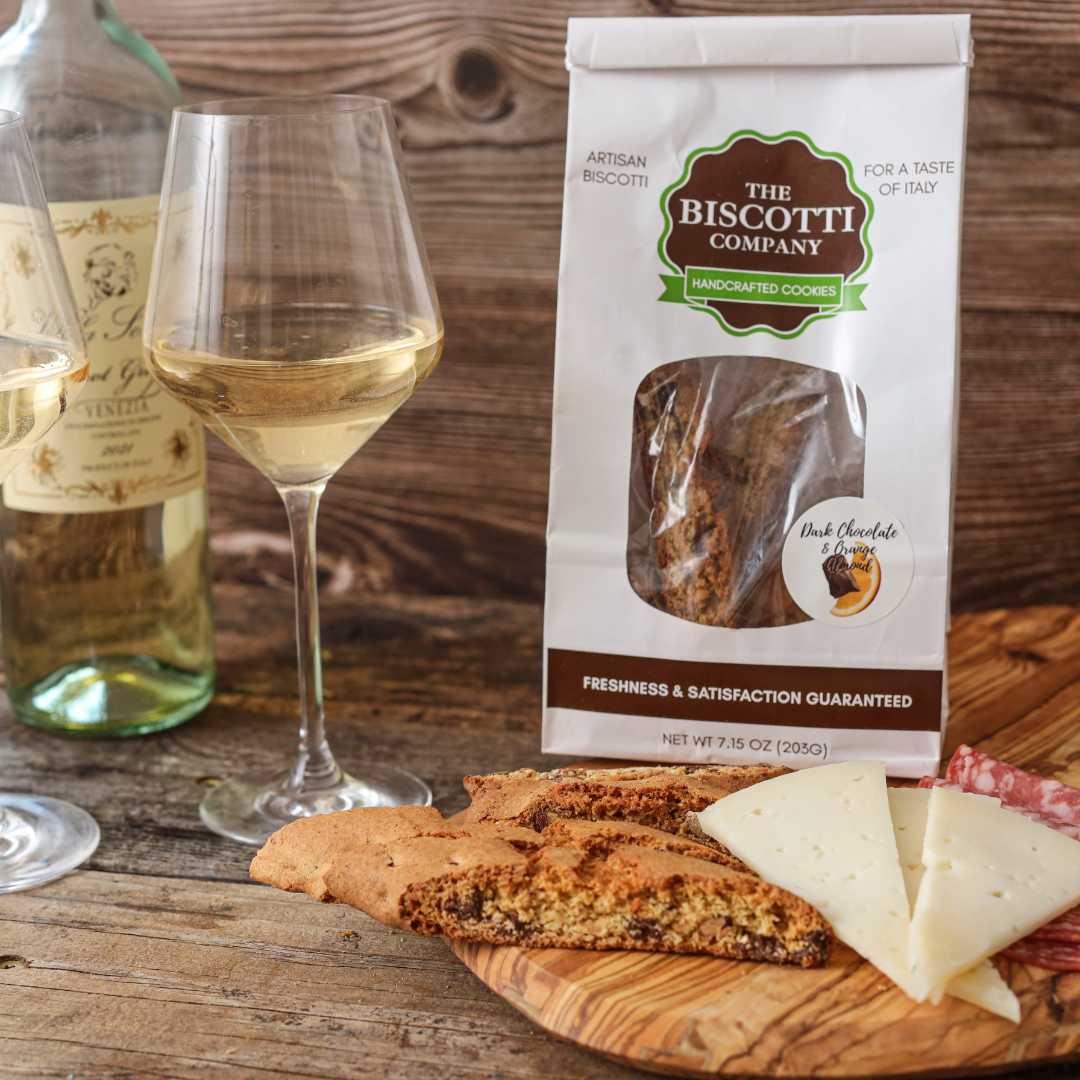 Dark chocolate orange biscotti paired with dessert wine and liquors for an elegant Italian after-dinner pairing