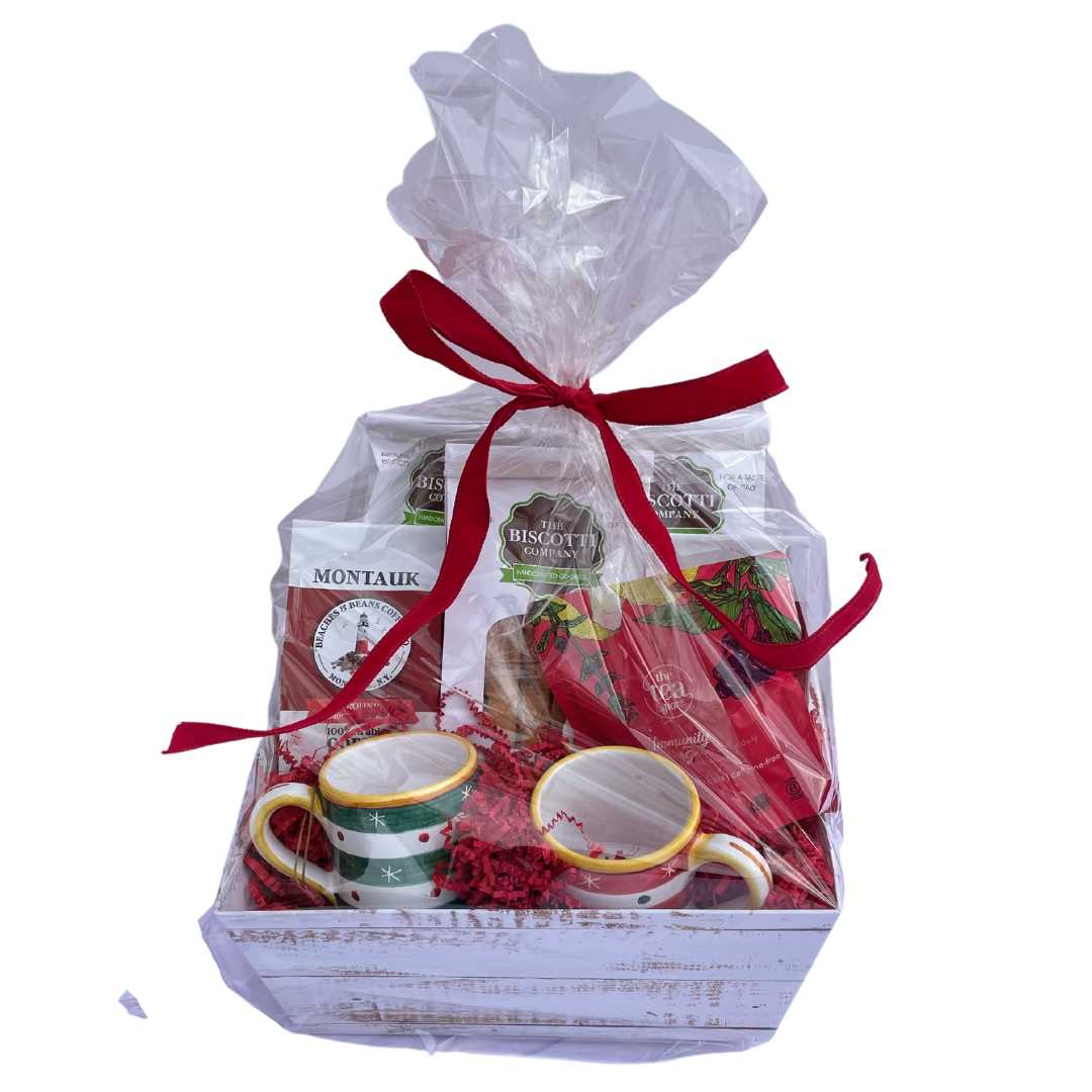 Biscotti gift basket with The Hampton Trio, Deruta mugs, coffee and tea