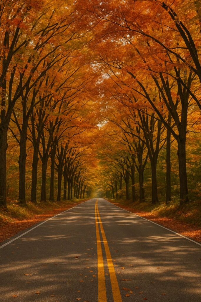 A scenic two-lane road lined with tall trees in vibrant shades of red, orange, and yellow, their branches forming a glowing canopy overhead on a crisp fall day.