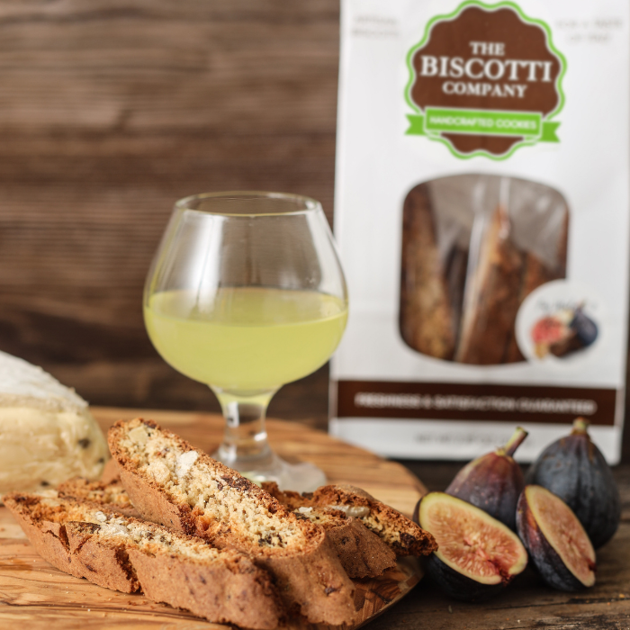 Gluten-free biscotti served with limoncello, figs, and cured meat