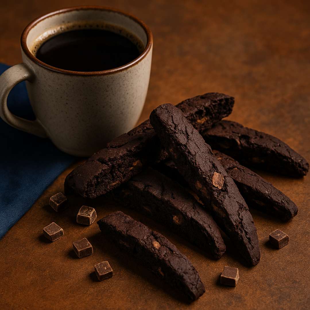 Double Chocolate Biscotti and Coffee Pairing The Biscotti Company Double Chocolate Biscotti next to a cup of coffee