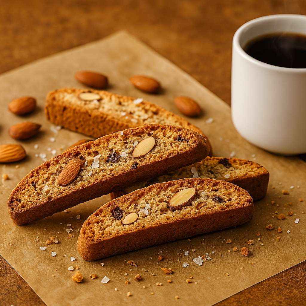 Three almond biscotti on parchment with a sprinkle of sea salt beside a steaming mug of coffee