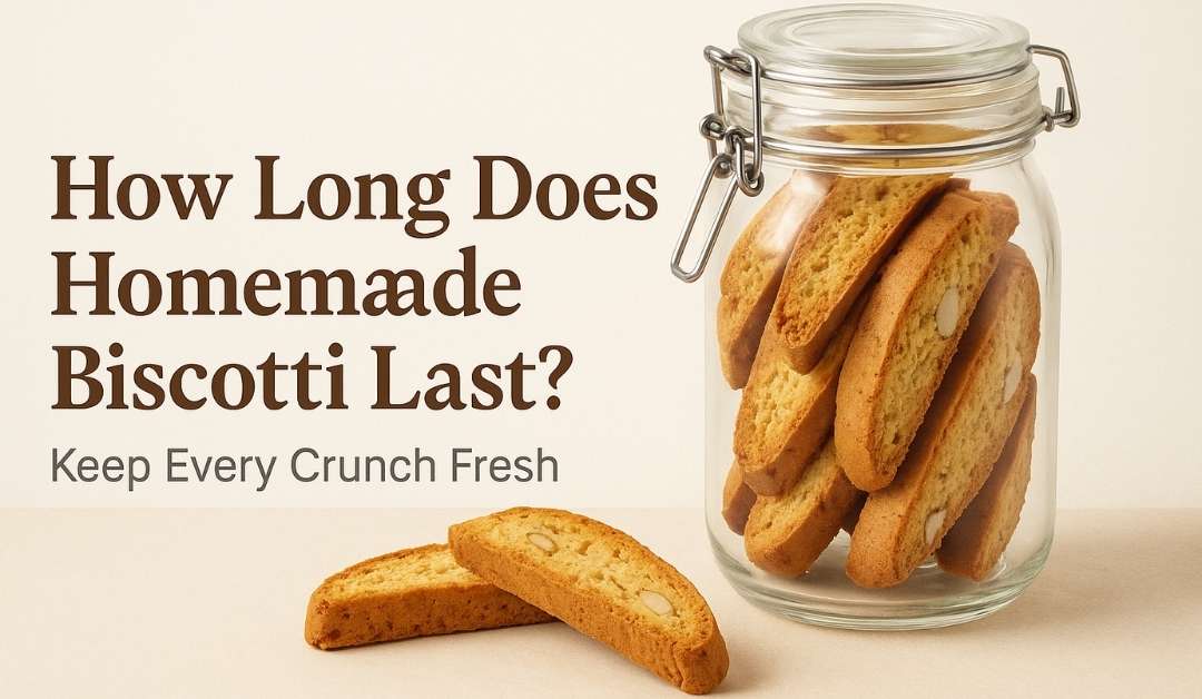 Glass jar filled with golden-brown homemade biscotti on a wooden counter with text reading “How Long Does Homemade Biscotti Last? Keep Every Crunch Fresh.