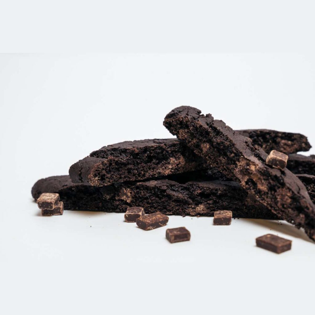 Double Chocolate Biscotti with a crisp snap, deep cocoa flavor, and rich Belgian semisweet chocolate chunks