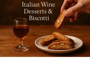 A rustic Italian dessert scene featuring a glass of Marsala wine and a plate of almond biscotti, inspired by Bruno LoGreco’s childhood in Palermo. Warm lighting and wooden tones create an inviting atmosphere for Italian wine and biscotti lovers.