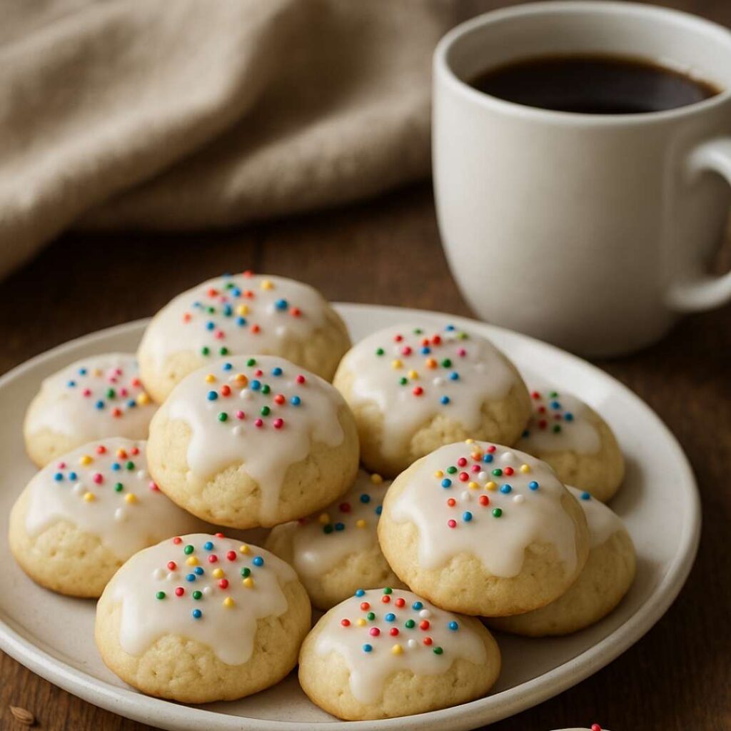 Dark Italian anise biscotti and anise cookies arranged on a tray with scattered anise seeds.