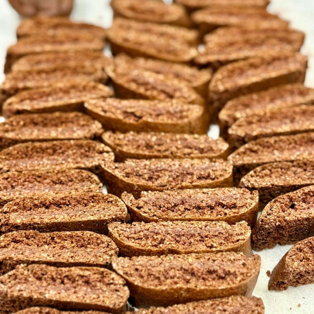 Authentic dark anise biscotti freshly baked and served with coffee.