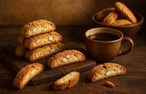 Traditional Tuscan cantucci with whole almonds stacked on a rustic wooden board beside a warm cup of coffee in soft golden light.