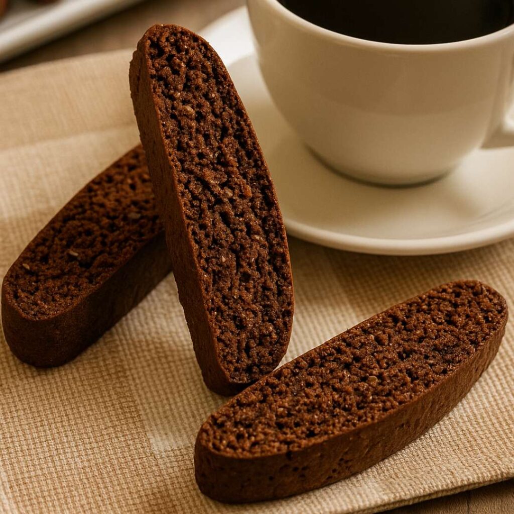 Chocolate anise biscottini served with a cup of hot black coffee.