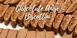 Close-up of Chocolate Anise Biscottini side-by-side, showing crisp texture and dark cocoa color.