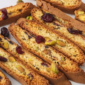 Gluten free cranberry pistachio biscotti with bright cranberries and whole roasted pistachios.
