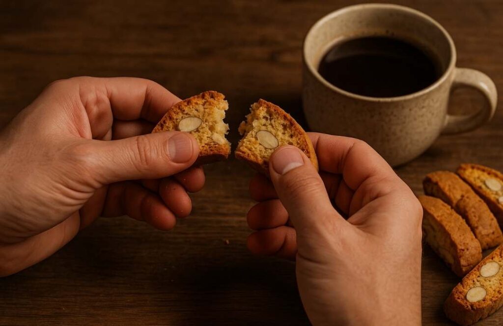 Close-up of hands breaking a Tuscan cantucci cookie in half over a wooden table, with almonds visible inside and a cup of coffee in the background.