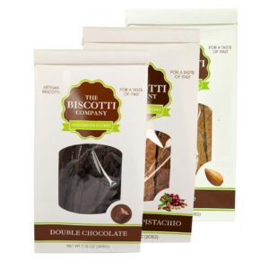 The Hampton Trio biscotti bundle with Almond, Cranberry Pistachio, and Double Chocolate bags displayed together