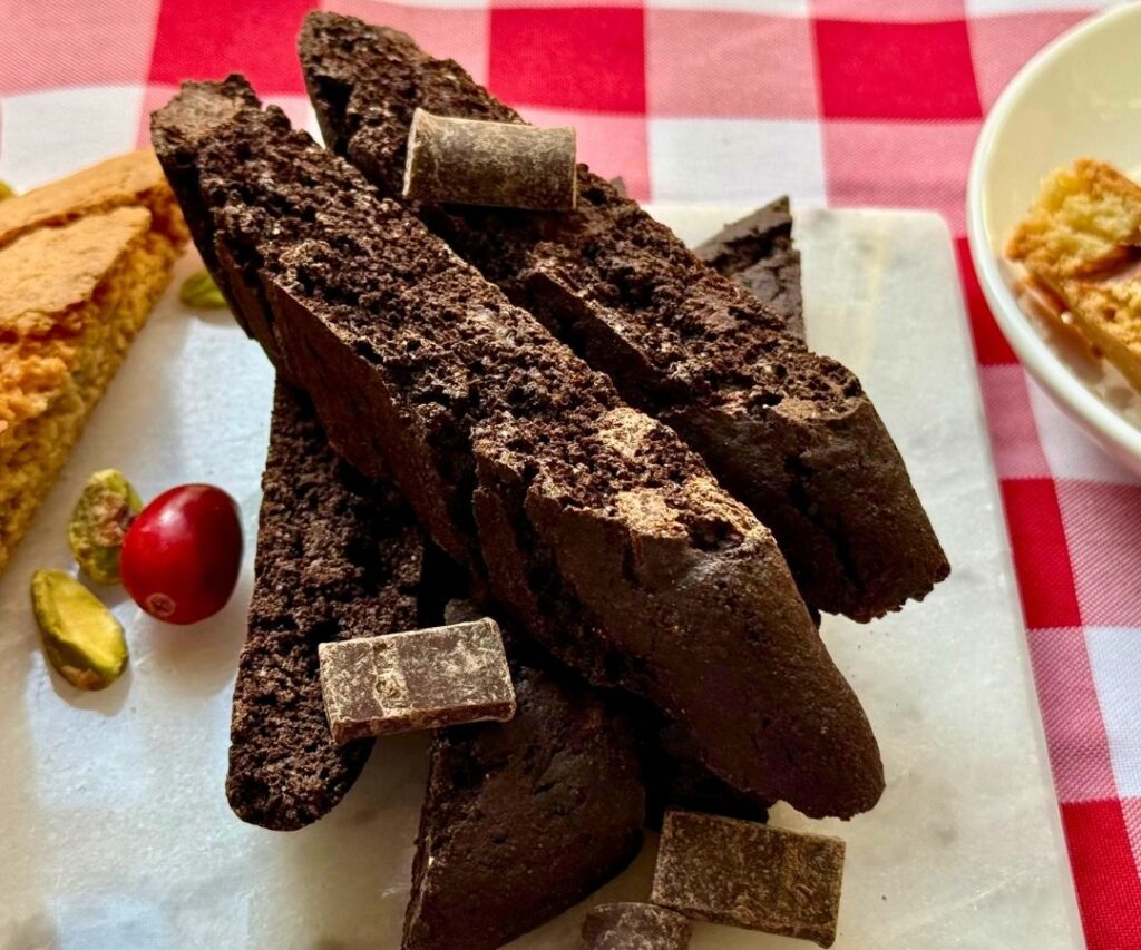 Close-up of double chocolate biscotti with rich cocoa crumb and chocolate chunks