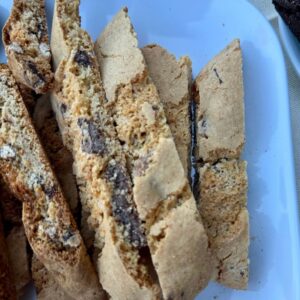 Closeup of The Biscotti Company Chocolate Almond biscotti slices with chocolate chunks and almonds