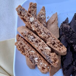 Closeup of The Biscotti Company Chocolate Hazelnut Espresso biscotti slices with chocolate pieces