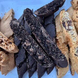 Closeup of The Biscotti Company Double Chocolate biscotti slices showing dark cocoa texture and crisp snap