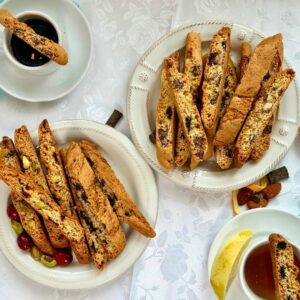Bright & Fruity Coffee + Tea Bundle biscotti flatlay with coffee and tea