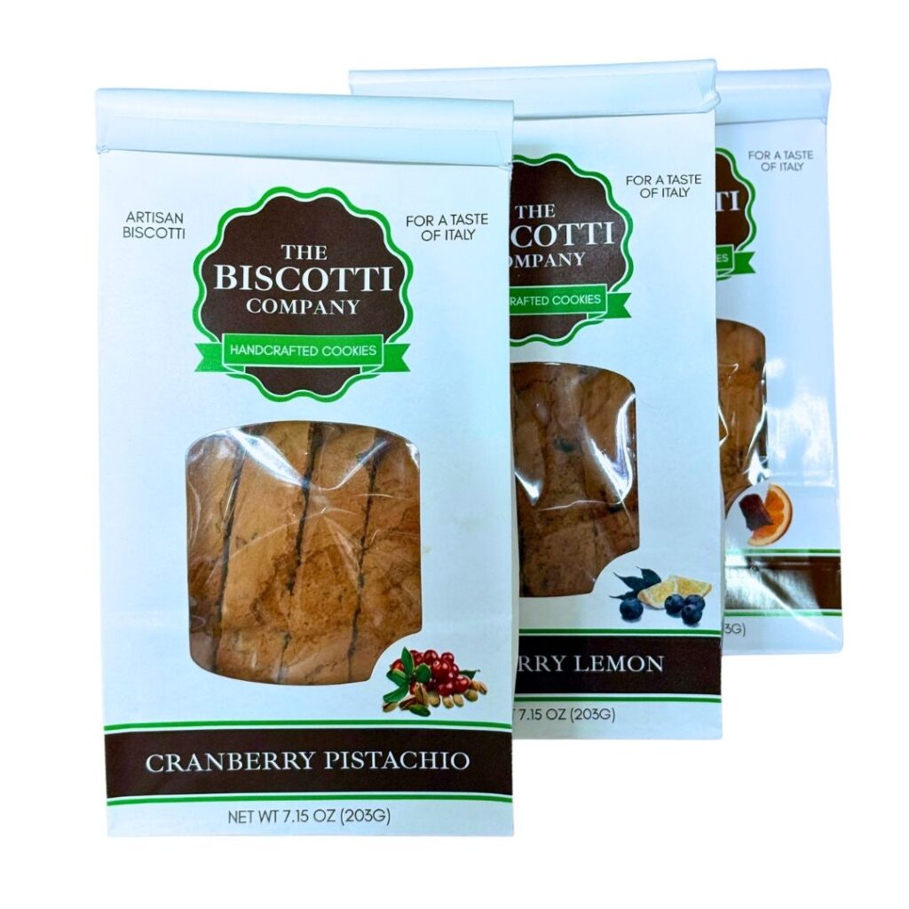 The Biscotti Company biscotti bags: cranberry pistachio, blueberry lemon, and dark chocolate orange almond