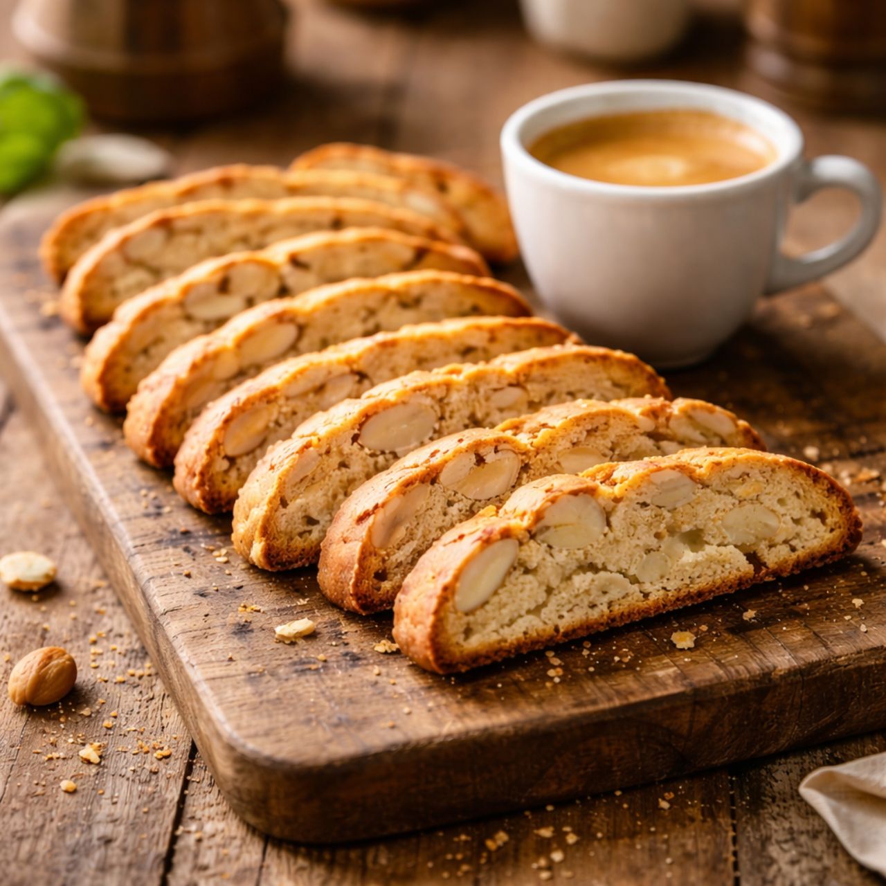 Fresh almond biscotti lined up on a rustic wooden board beside a white espresso cup in warm natural light.