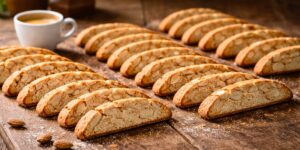 Wide rustic table scene with rows of almond biscotti, a white espresso cup, scattered almonds, and warm natural window light.