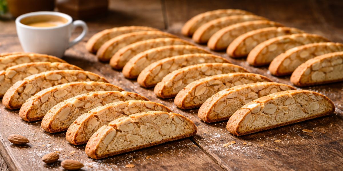 Wide rustic table scene with rows of almond biscotti, a white espresso cup, scattered almonds, and warm natural window light.