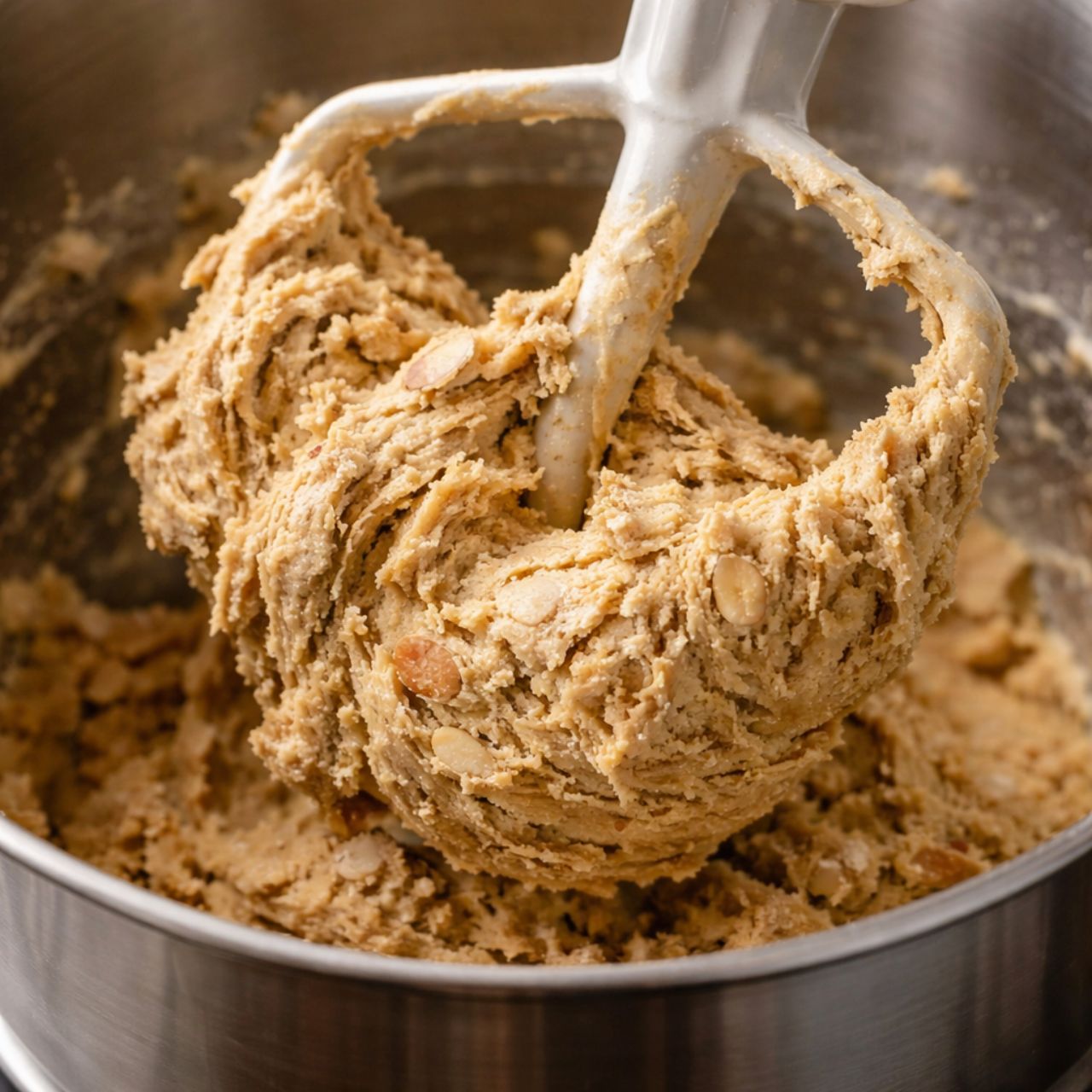 Dense overworked biscotti dough wrapped around a stand mixer paddle inside a stainless steel bowl.