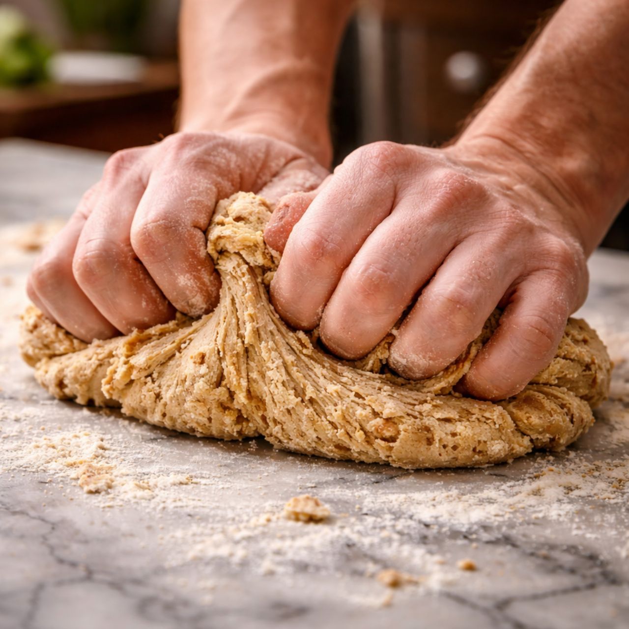 Hands aggressively kneading biscotti dough on a floured marble countertop, stretching and overworking the dough.