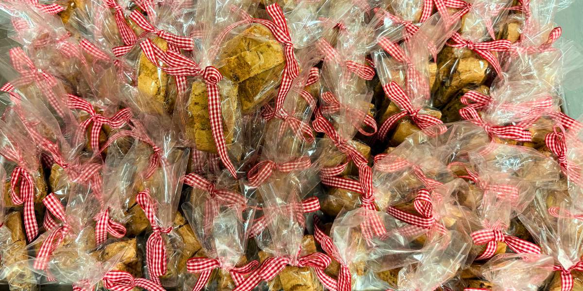 Gourmet biscotti arranged for a wedding, bridal shower, baptism, or first communion celebration