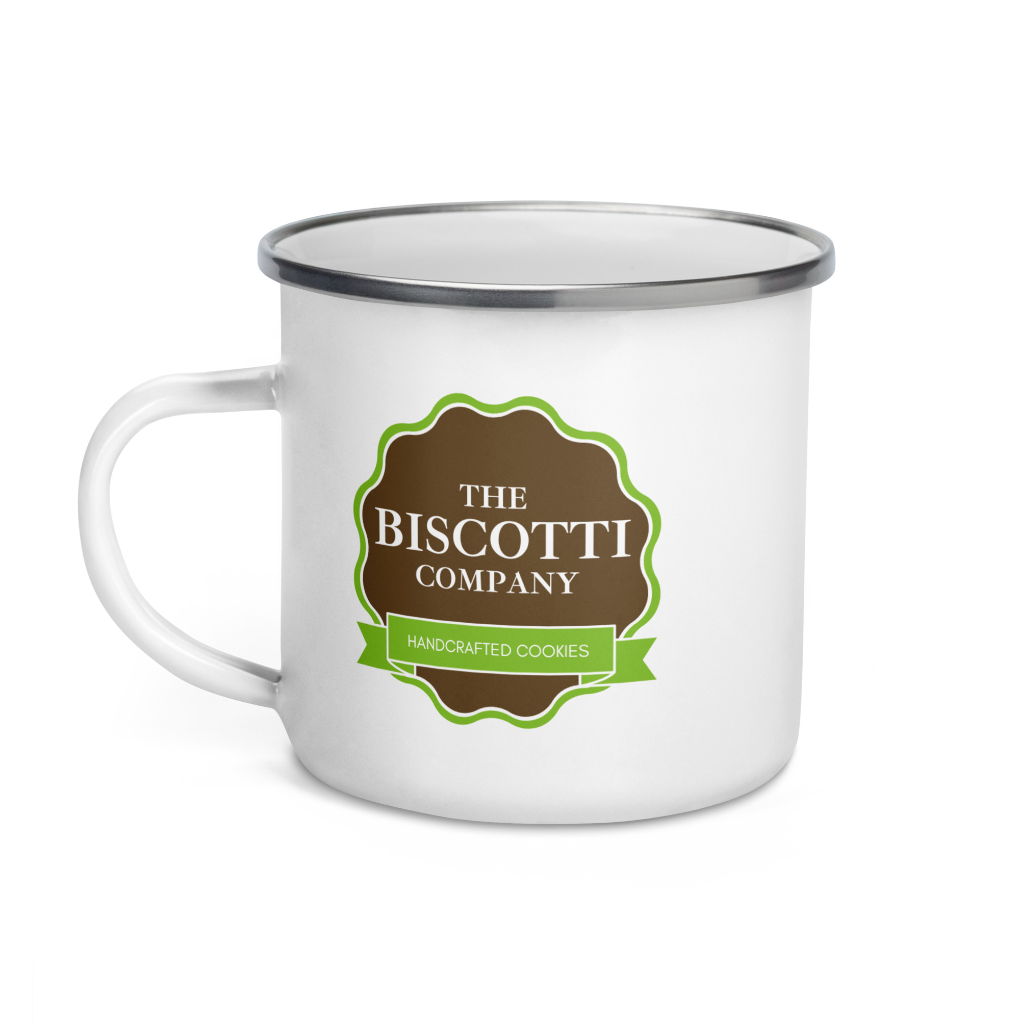 White ceramic mug displaying The Biscotti Company logo with a green ribbon reading Handcrafted Cookies.
