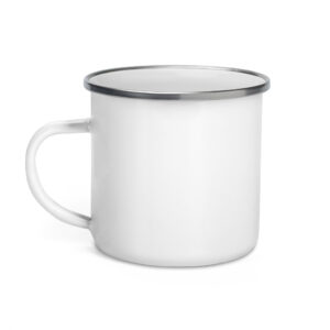 White ceramic mug with a shiny metal rim, viewed from the side (enamel mug).