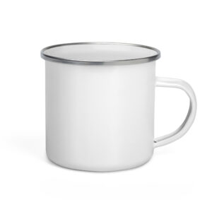 White ceramic mug with a silver metal rim and curved handle, seen from the side against a white background.