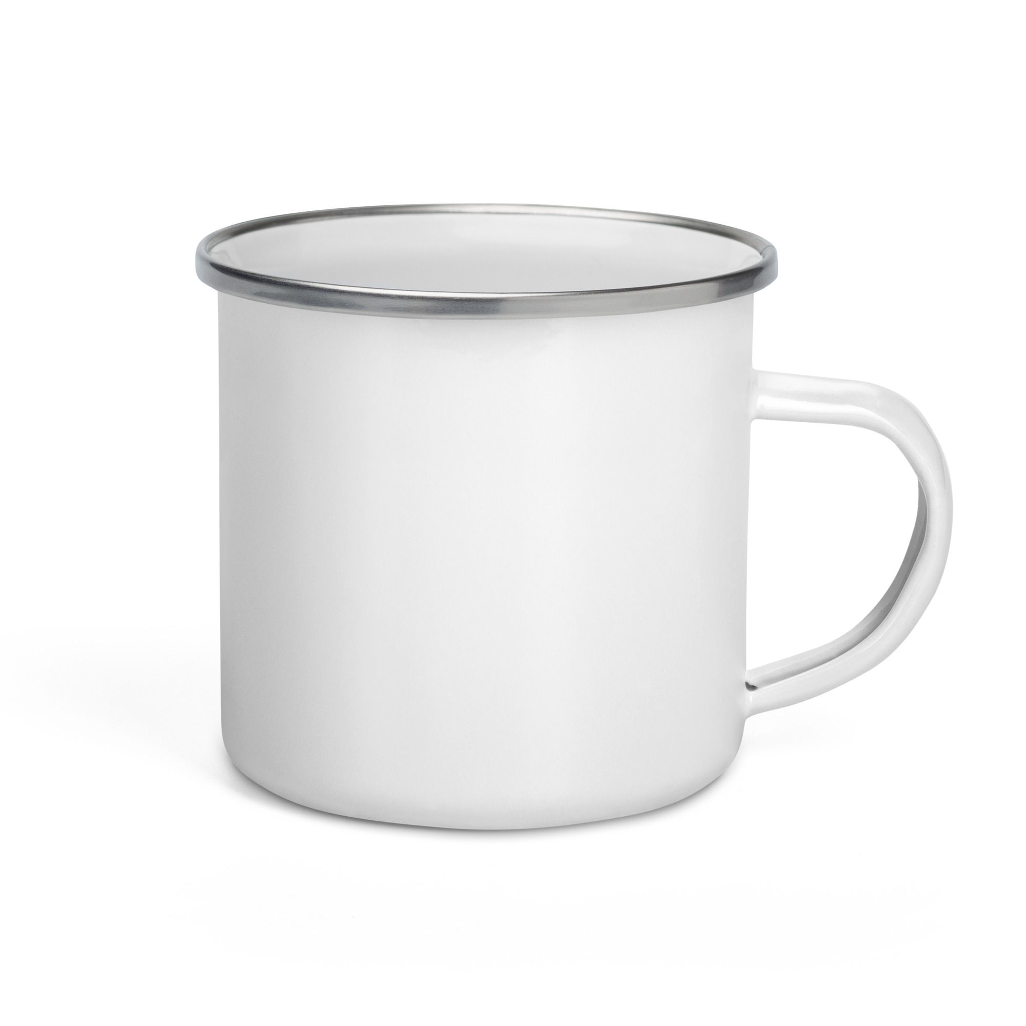 White ceramic mug with a silver metal rim and curved handle, seen from the side against a white background.
