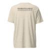 Back of a beige T-shirt with black text: 'THE BISCOTTI COMPANY' and notes about a 200-year Sicilian recipe.