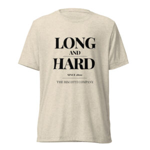Beige T-shirt with bold black text reading 'LONG AND HARD' across the chest, casual apparel photo