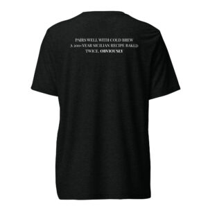Back of a black T-shirt with white uppercase text reading: 