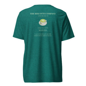 Back of a teal heathered T-shirt showing a small coffee cup illustration with text: 'THE BISCOTTI COMPANY', 'LONG ISLAND, NY', and 'MATCHA' (matcha-related graphic).