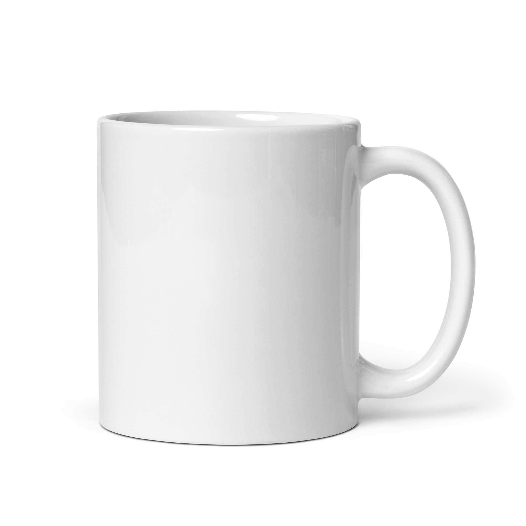 Close-up of a white ceramic mug against a white background, handle visible on the right.