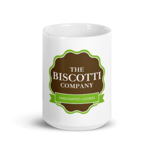 White container with The Biscotti Company brown badge and a green ribbon reading Handcrafted Cookies.