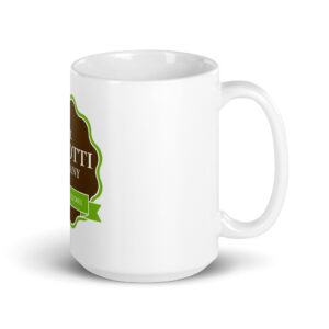 White ceramic mug shown from the side with a partial brown logo and green border on its body.