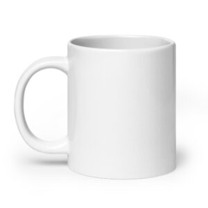 Close-up of a white ceramic mug with a curved handle, photographed from the side against a white background with soft shadows.