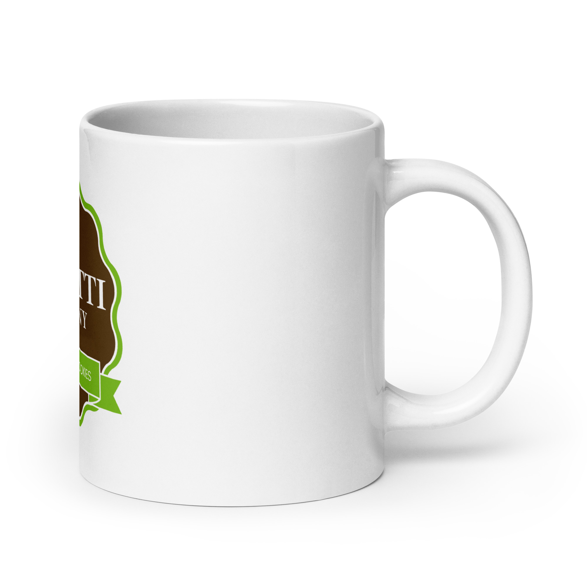 Close-up of a white ceramic mug with a partial brown and green logo on the side, handle visible on the right edge.