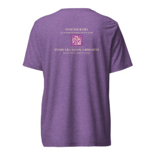 Purple t-shirt back with gold text reading 'FIND YOUR ERA' above a purple QR code, and smaller lines of text below.