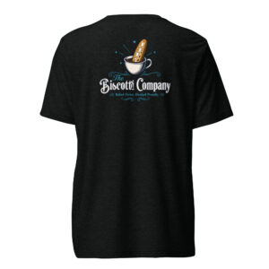 Logo on a black shirt: a cup with a biscotti, blue stars, and the text 'The Biscotti Company'.