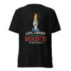 Raised hand holding a tall biscotti with fireworks, on a dark T‑shirt, slogan: 'Life, Liberty & The Pursuit of Biscotti'