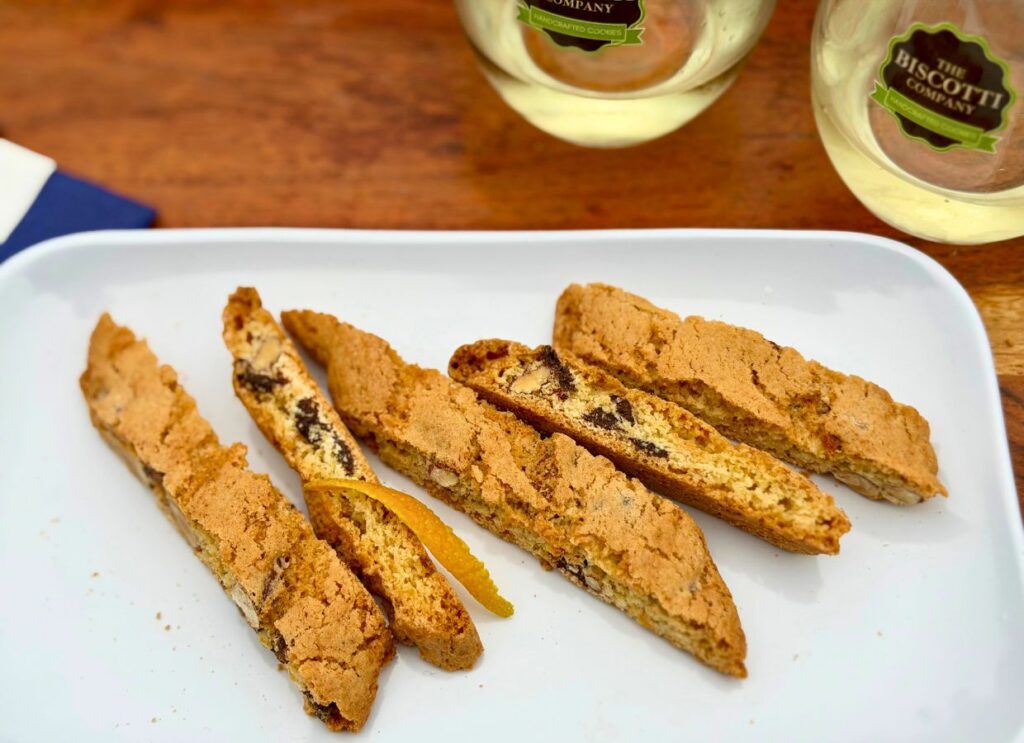 Dark Chocolate Orange Almond Biscotti served with orange peel and Sauvignon Blanc as an easy dessert