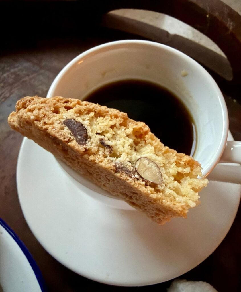 Dark Chocolate Orange Almond Biscotti showing whole roasted almonds and Belgian bittersweet chocolate