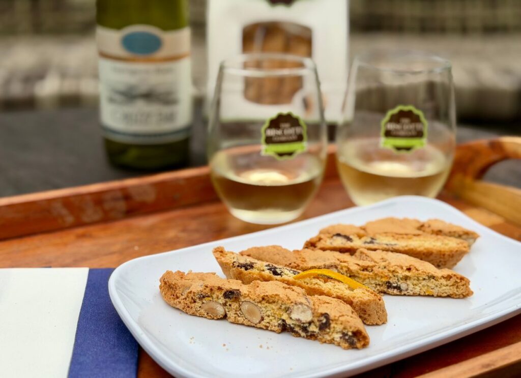 Dark Chocolate Orange Almond Biscotti paired with chilled Sauvignon Blanc after dinner