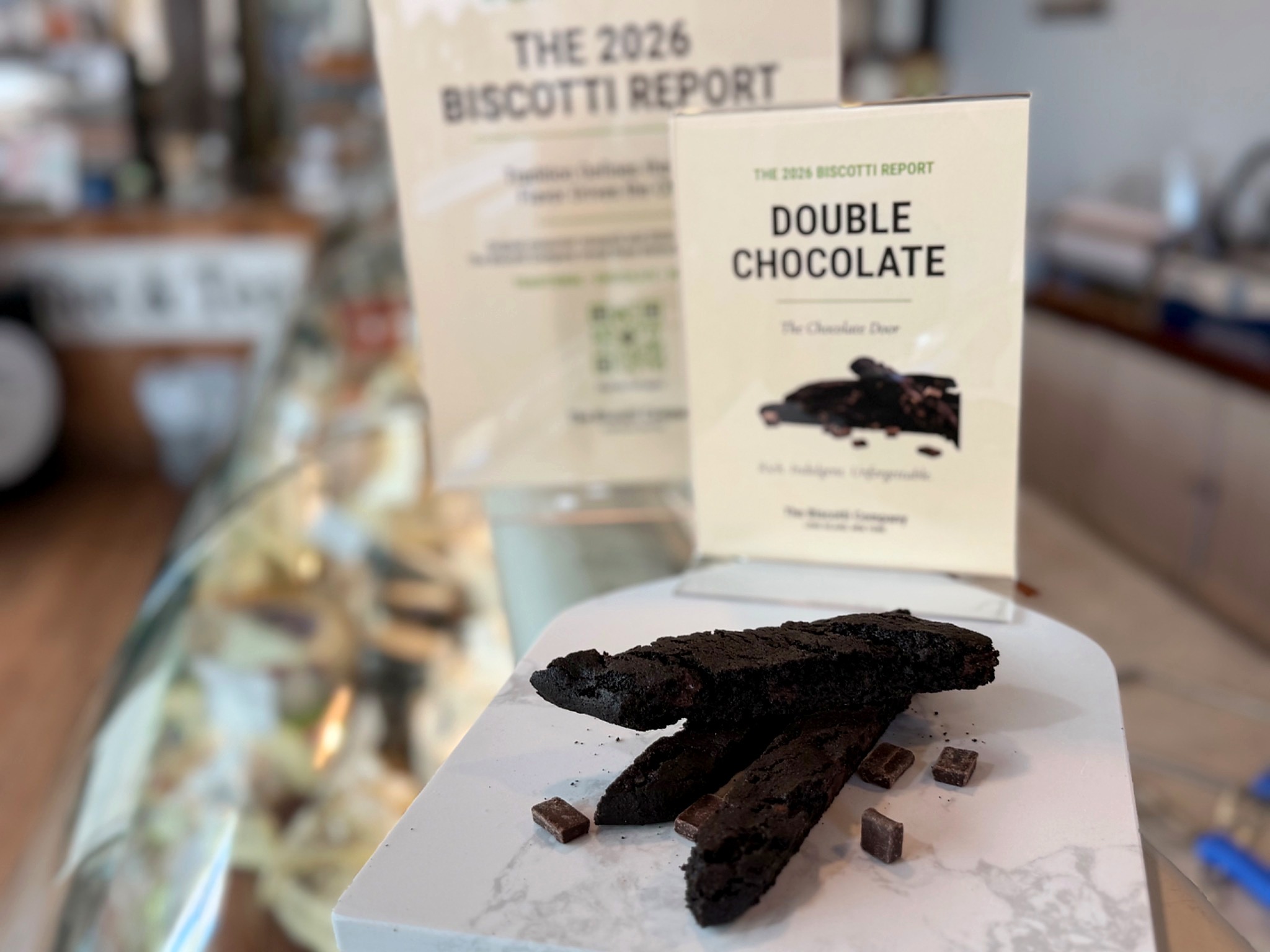 Double Chocolate biscotti representing the Chocolate Door in The 2026 Biscotti Report, photographed at the event venue.