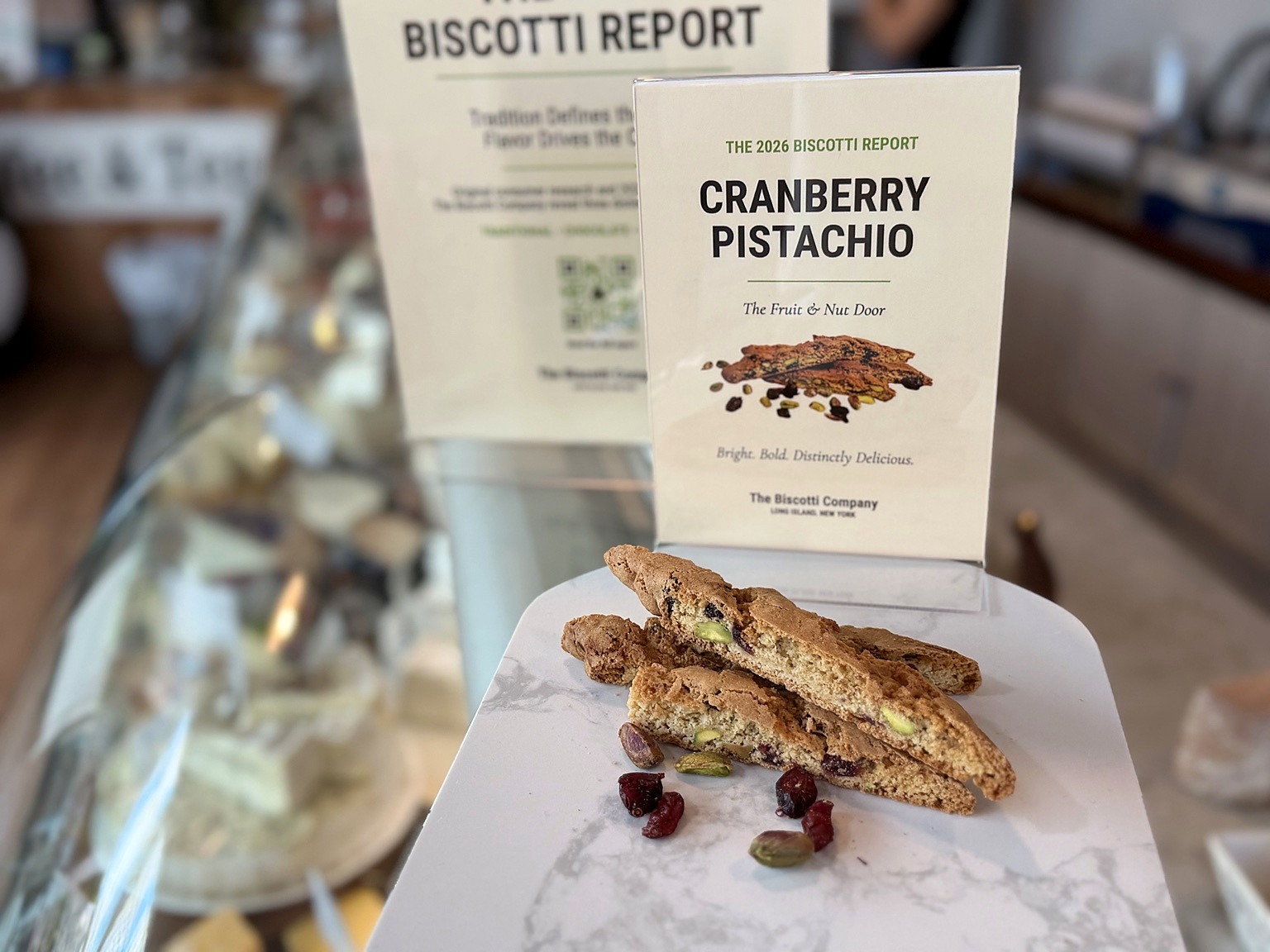 Cranberry Pistachio biscotti representing the Fruit and Nut Door in The 2026 Biscotti Report, photographed at the event venue.